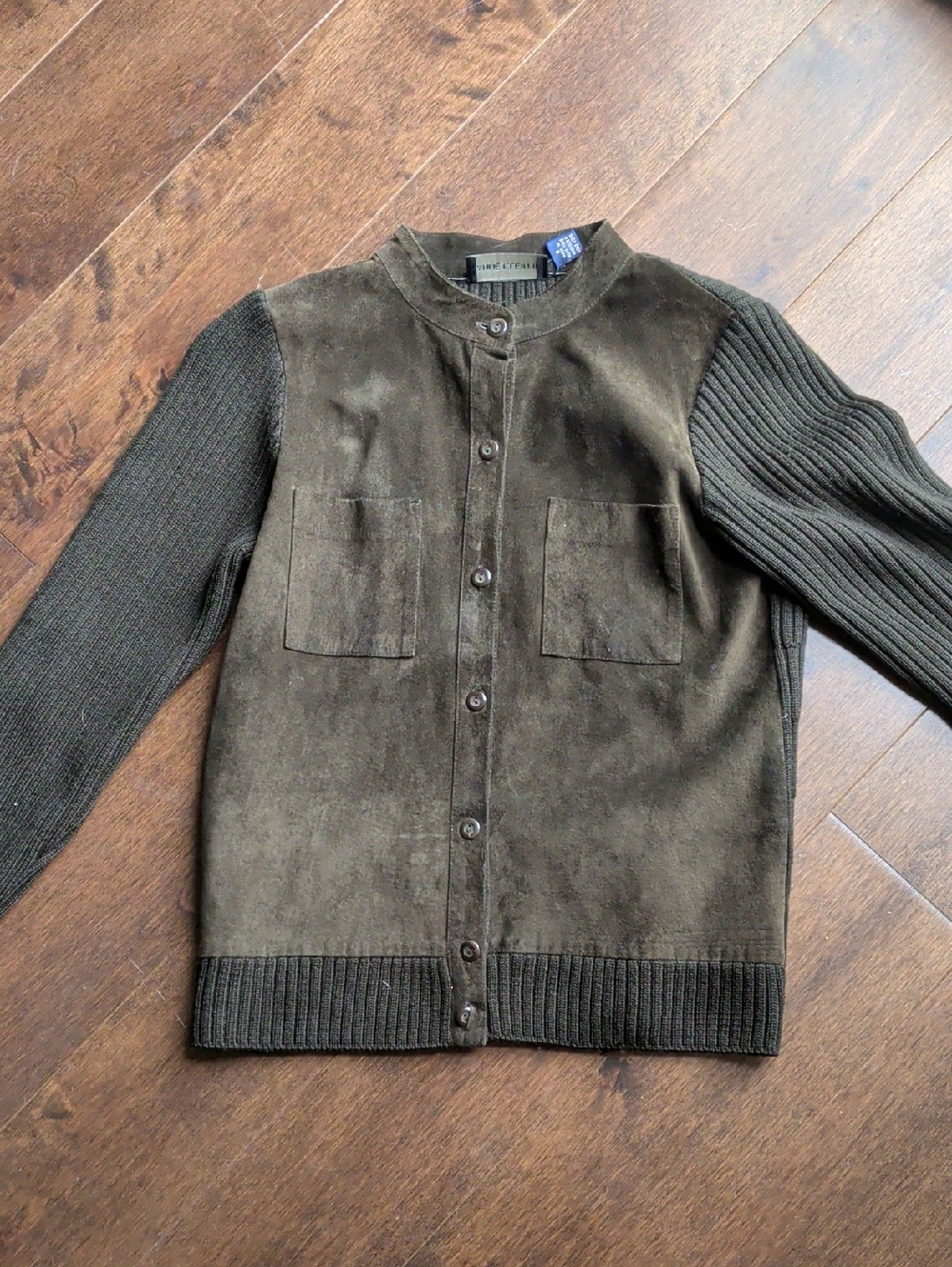 Anne‎ Klein Olive Suede Front Knit-Sleeve Cardigan